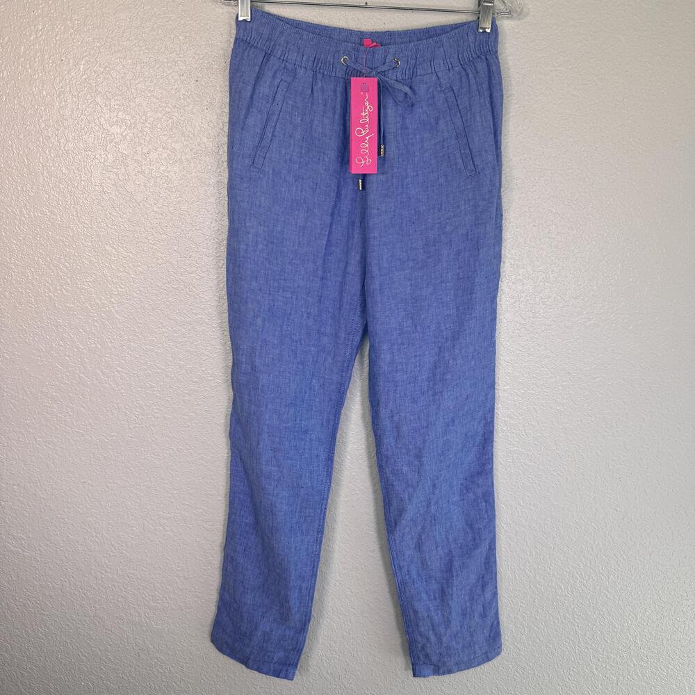 Lilly Pulitzer Linen Pants Womens Small Taron Lagoon Beckon Blue Beachy Coastal